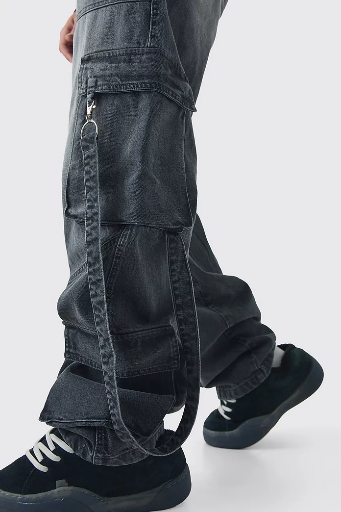 Baggy Rigid Cargo Strap Denim Jeans | boohooMAN USA Baggy Rigid Cargo Strap Denim Jeans | boohooMAN USA